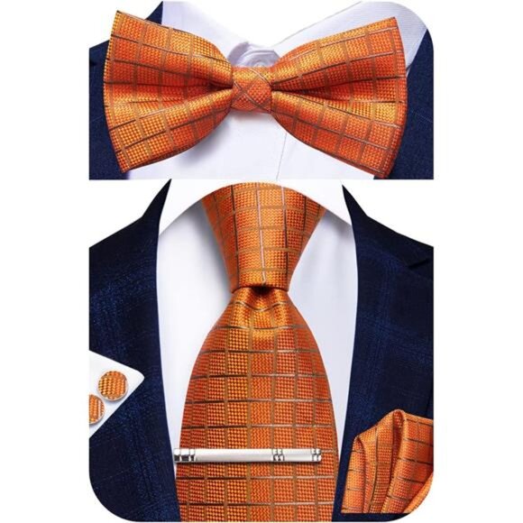 Men Ties Bowtie Set Woven Silk Necktie Bow Tie and Pocket  Square Cufflinks Set - Picture 1 of 7